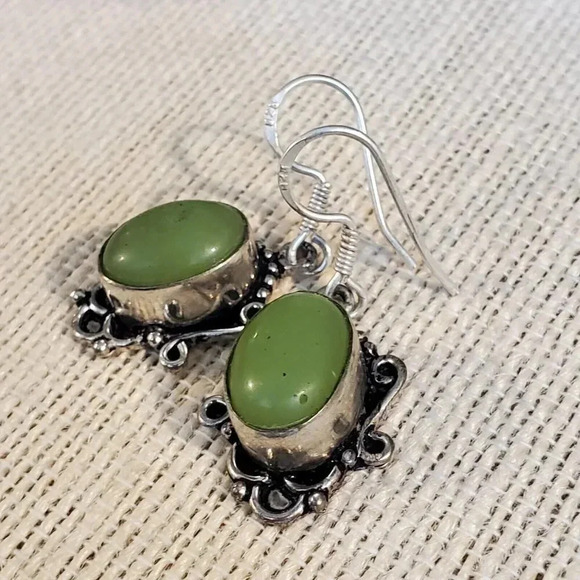 Artisan India Art Nouveau Scrolls Oval Stone 925 Sterling Silver Earrings - Picture 4 of 6